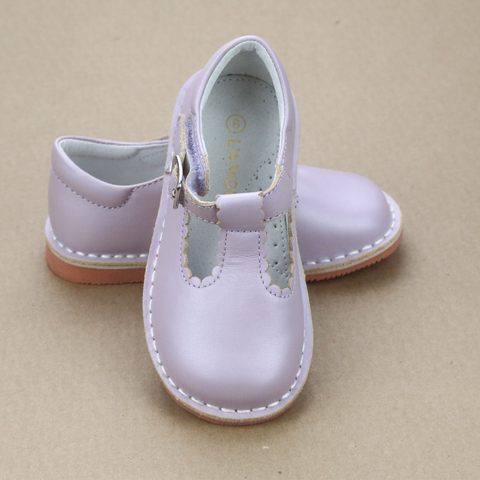 L'Amour Girls Selina Scalloped T-Strap Pastel Leather Mary Janes