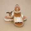 L'Amour Girls Ella Champagne Leather Scalloped Open Toe Sandal With EVA Wedge Outsole - Petitfoot.com