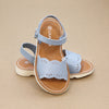 L'Amour Girls Ella Dusty Blue Leather Scalloped Open Toe Sandal With EVA Wedge Outsole - Petitfoot.com