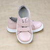 L'Amour Shoes Toddler Girls Caroline Pink Scalloped Leather Double Velcro Sneaker - Petit Foot