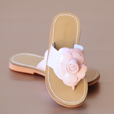 L'Amour Girls Patent Rosebud Flower Thong Sandal