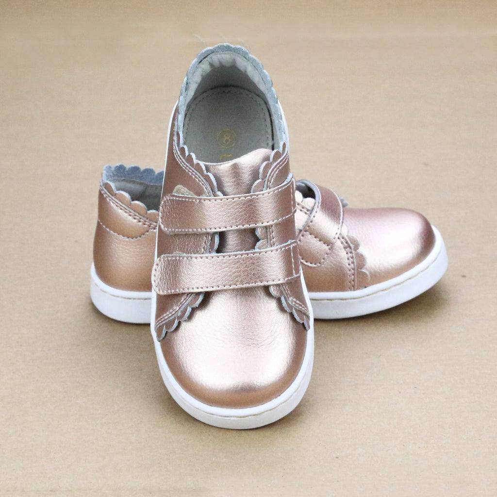 L'Amour Shoes Toddler Girls Caroline Rosegold Scalloped Leather Double Velcro Sneaker - Petit Foot