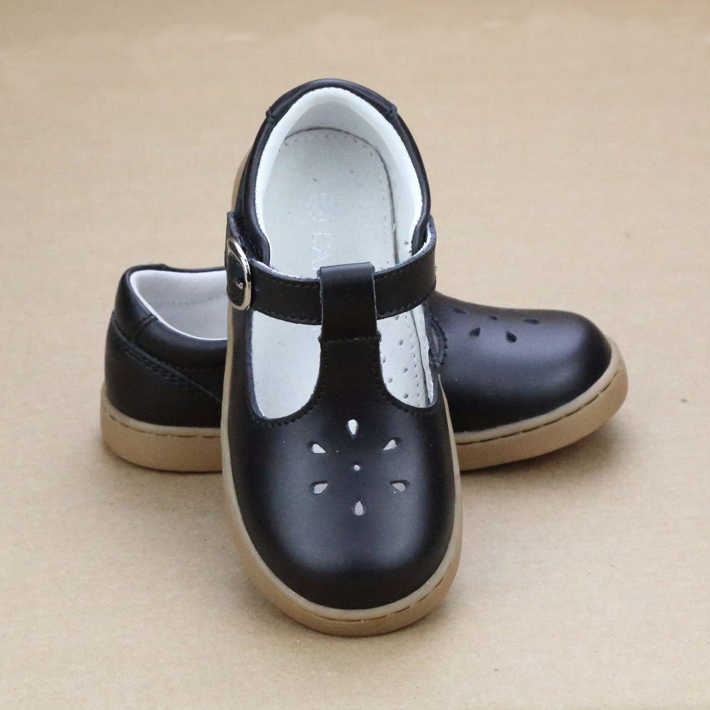 Girls Black School Shoes - Playground T-Strap Black Leather Mary Janes - Petit Foot