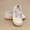 L'Amour Girls Selina Scalloped T-Strap Oatmeal Leather Mary Janes