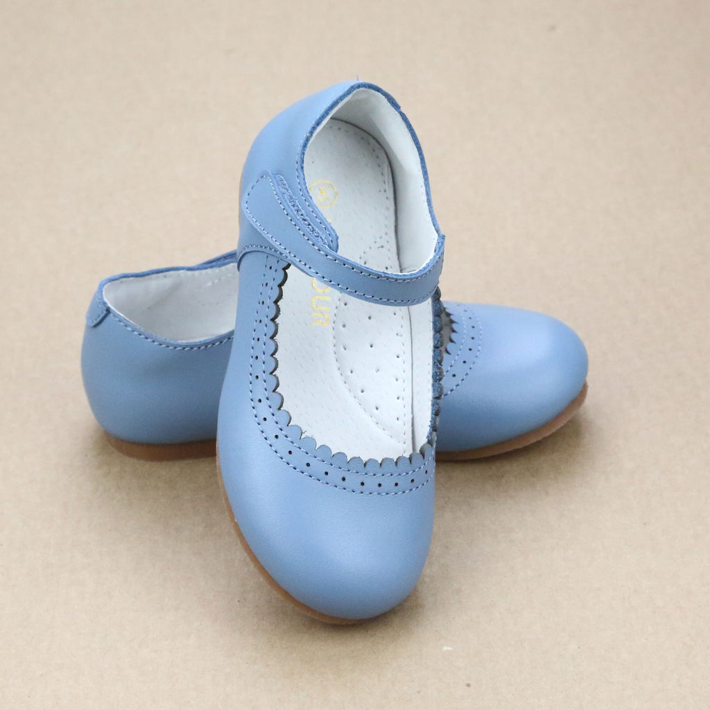 Toddler Girls Lucille Classic French Blue Leather Scalloped Flat - Heirloom Easter Shoes