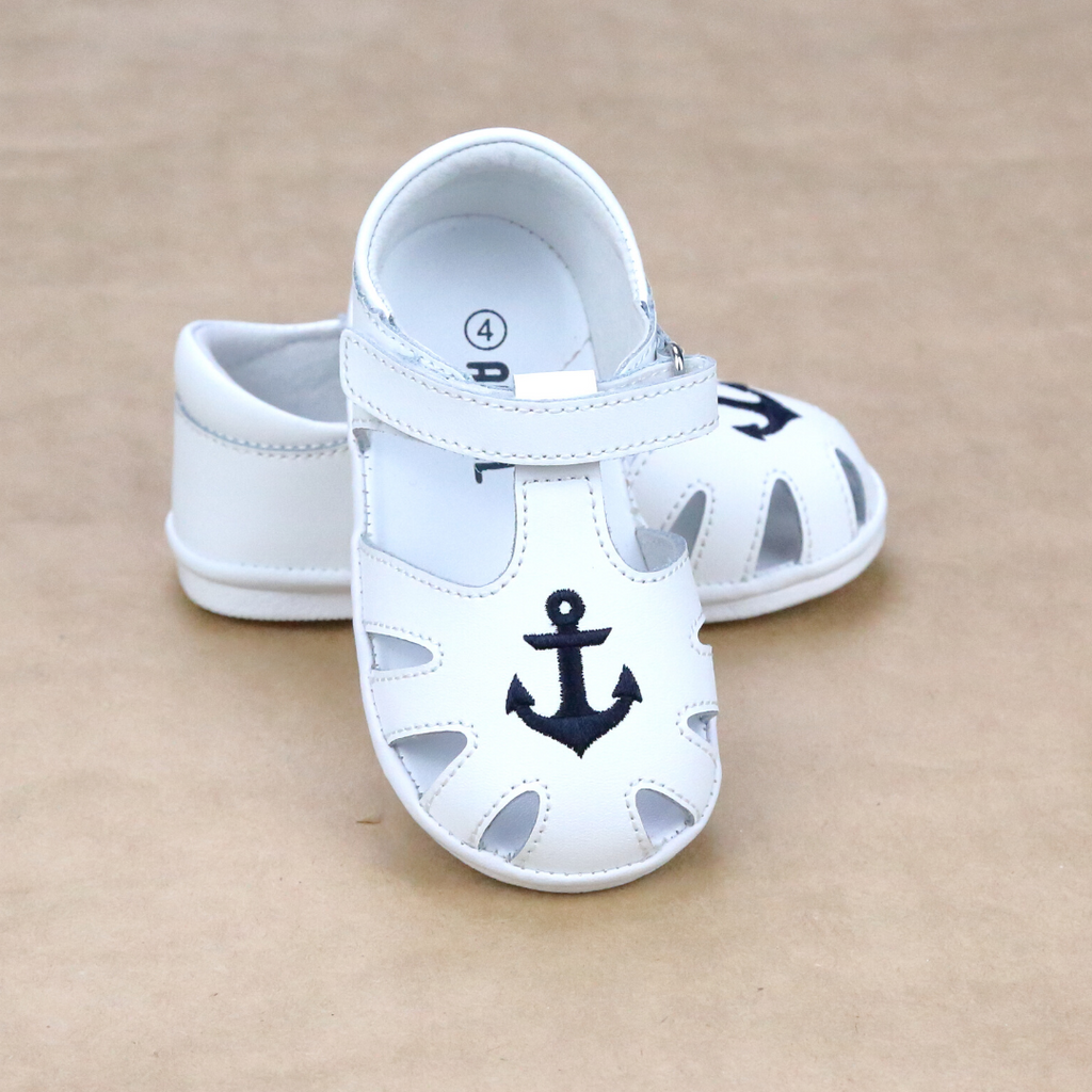 Sawyer Baby Boys Nautical Anchor White Leather Sandal - Angel Baby Shoes