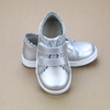 L'Amour Shoes Toddler Girls Caroline Silver Scalloped Leather Double Velcro Sneaker - Petit Foot