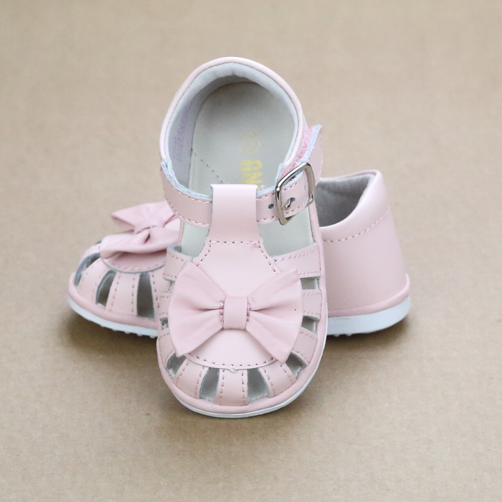 Angel Baby Girls Nellie Bow Pink Leather Sandal - Southern Baby Shoes - Heirloom Shoes