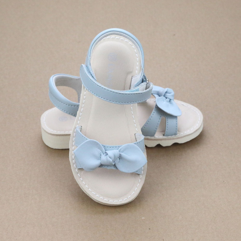 L'Amour Girls Leigh Light Blue Leather Knotted Bow Sandal With EVA Wedge Outsole - Petit Foot.com