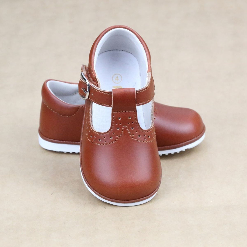]Baby Girls Cognac Leather Gemma T-Strap Perforated Mary Jane  - Petit Foot