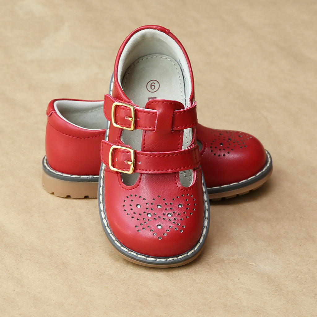 L'Amour Girls Red English Classic Double Buckled Strap Mary Jane - Petit Foot