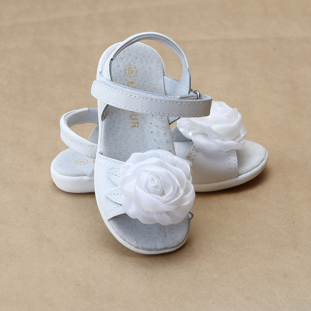 L'Amour Girls White Satin Rose Sandal - Petitfoot.com