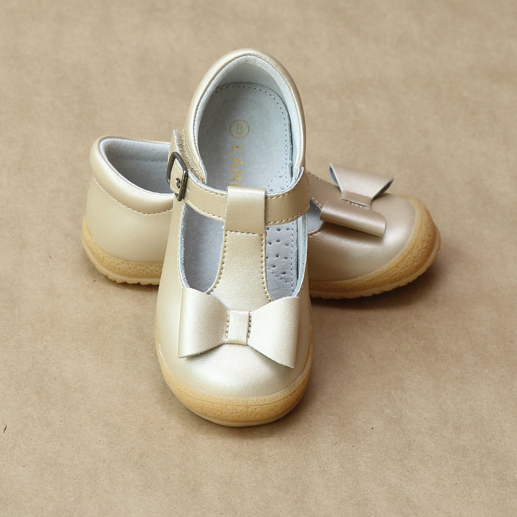L'Amour Girls Champagne Leather Stitched Bow T-Strap Mary Jane - Petitfoot.com