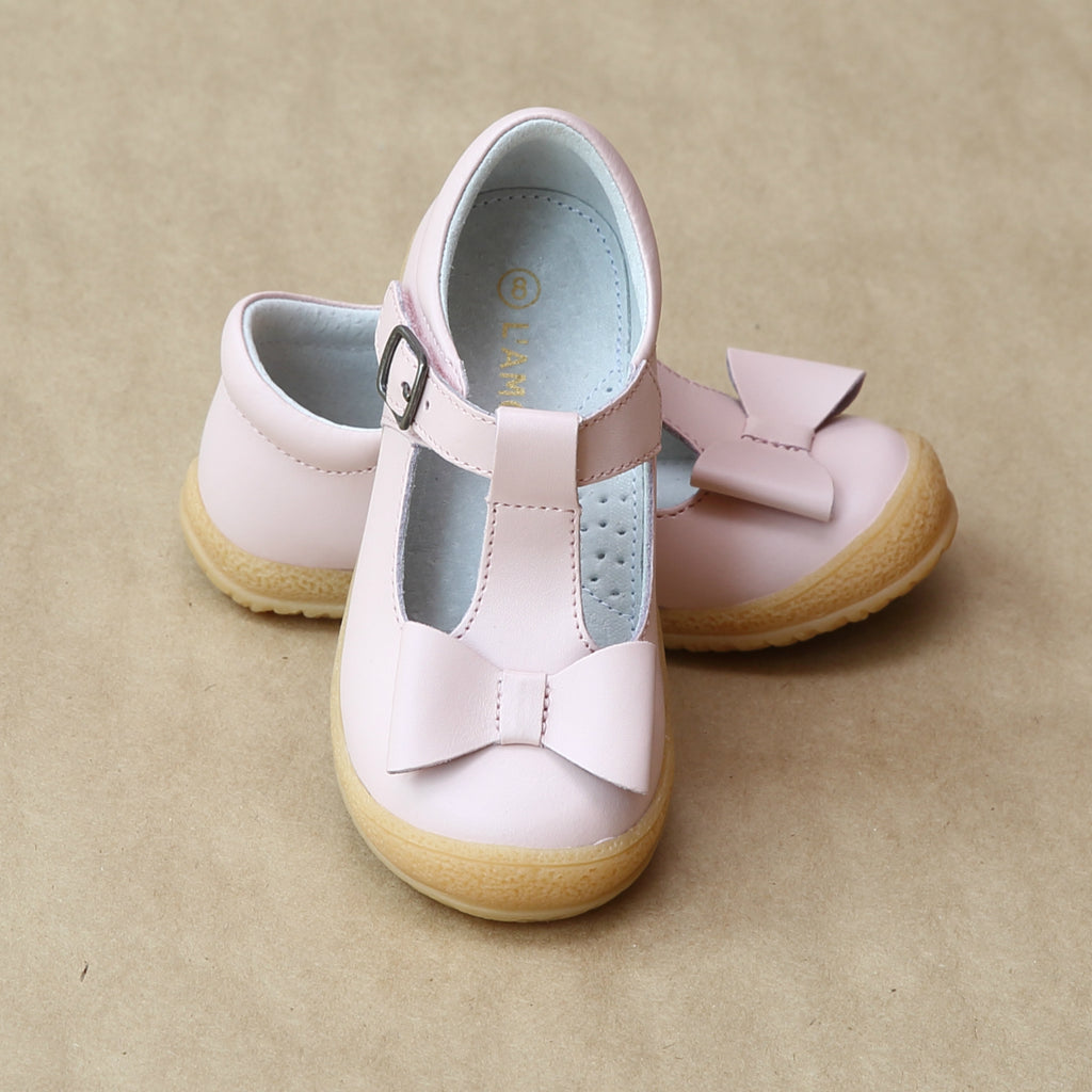 L'Amour Girls Pink Stitched T-Strap Bow Mary Jane - Petitfoot.com