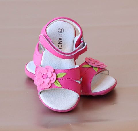 FINAL SALE - L'Amour Girls Fuchsia Layered Petal Flower Sandal with Leaf Accent