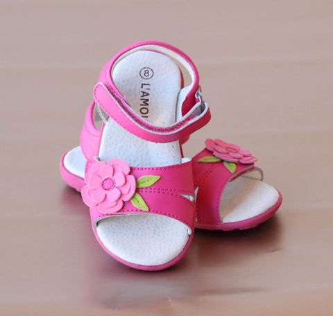 FINAL SALE - L'Amour Girls Fuchsia Layered Petal Flower Sandal with Leaf Accent