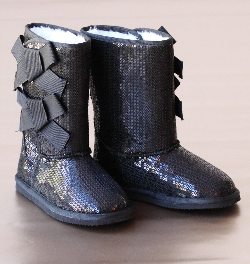 L'Amour Girls Black Sparkling Sequin Bow Boot