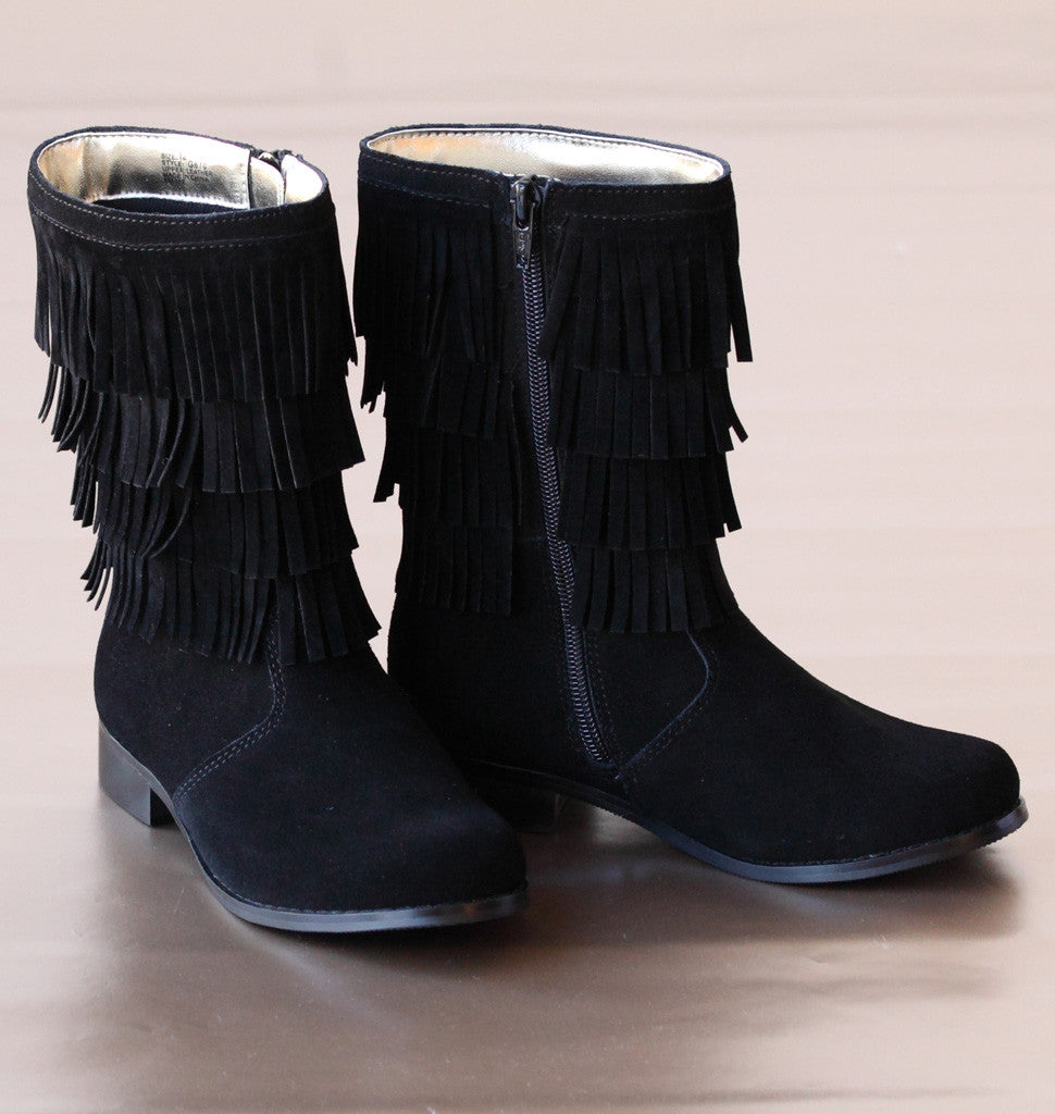 L'Amour Girls Black Suede Fringed Fashion Boots