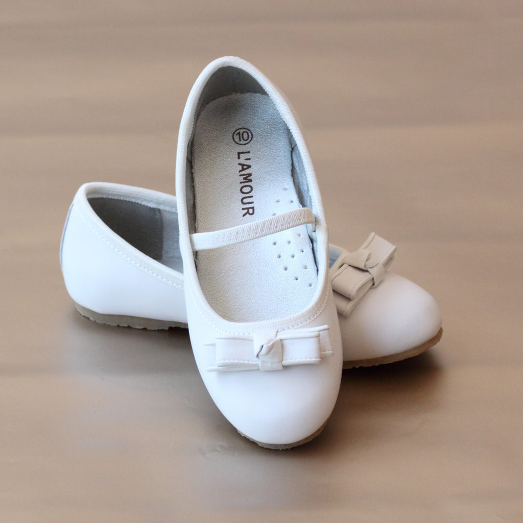 L'Amour Girls White Double Bow Ballet Flat