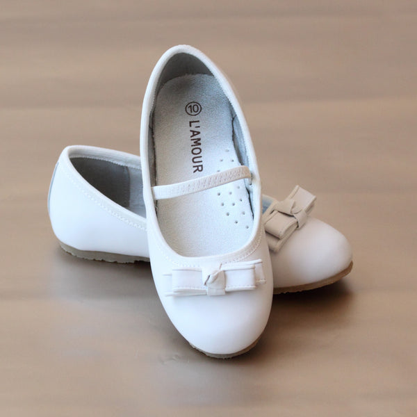 L'Amour Girls Double Bow Leather Ballet Flat White / 8
