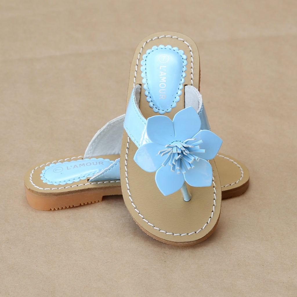 L'Amour Girls Patent Blue Flower Thong Sandal - Petitfoot.com