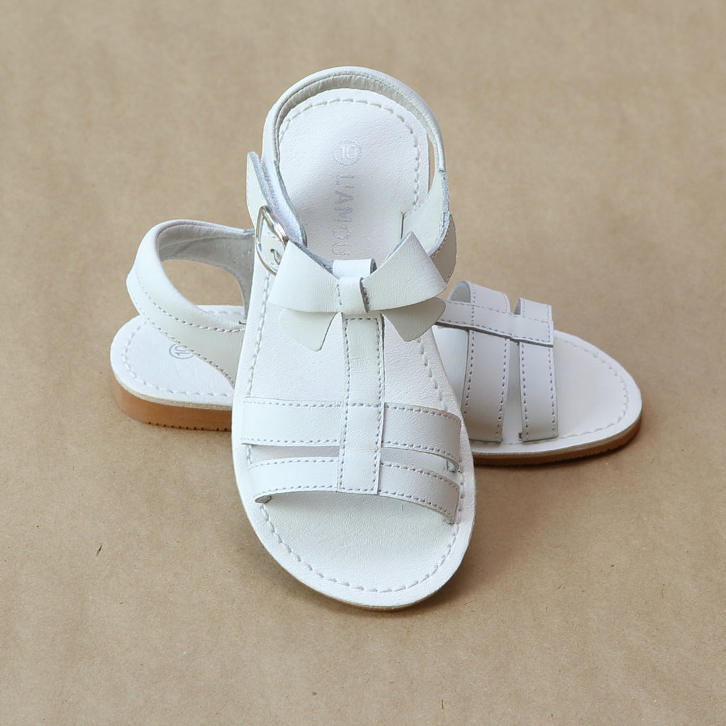 L'Amour Girls White Leather T-Strap Bow Sandal - Petitfoot.com