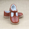 Girls Cognac Waxed Leather Chelsea Playground T-Strap Red Leather Mary Janes - Petit Foot