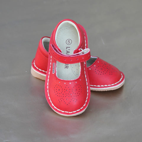 L'Amour Girls Perforated Pattern Toe and Strap Stitch Down Mary Jane