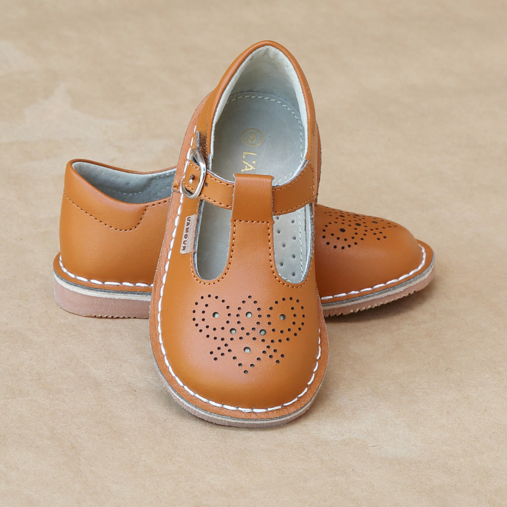 Toddler Girls Vintage Inspired Brogue Medallion T-Strap Stitch Down Leather Mary Jane in Orange Terra Cotta - Petitfoot.com