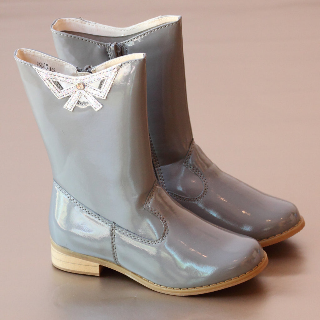 L'Amour Girls Patent Gray Cutout Fashion Boot
