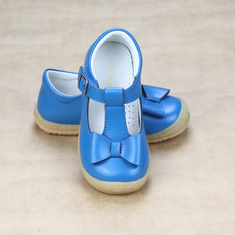 L'Amour Girls Tropical Blue Leather T-Strap Bow Mary Jane