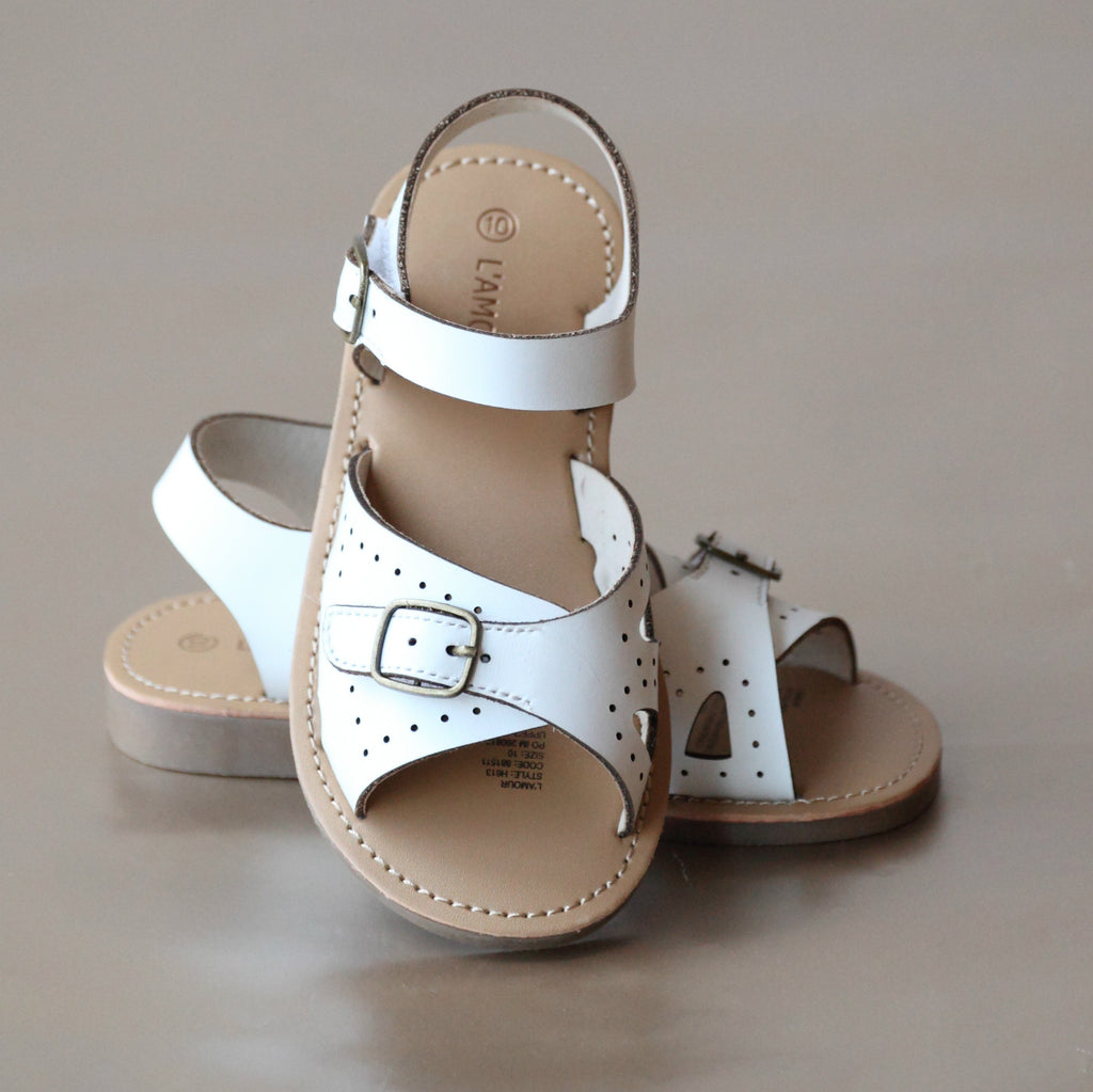 L'Amour Girls White Buckled Leather Sandal