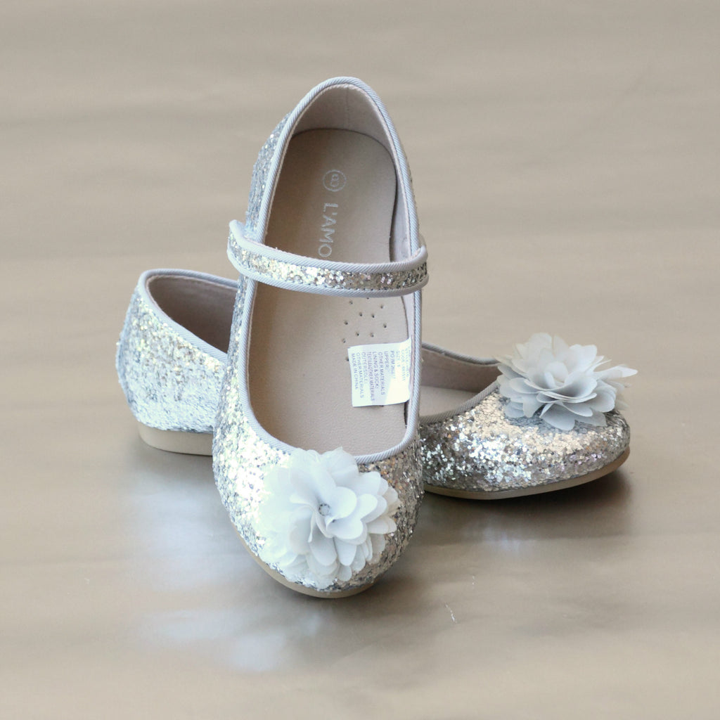 L'Amour Girls Holiday Silver Glitter Flower Flat