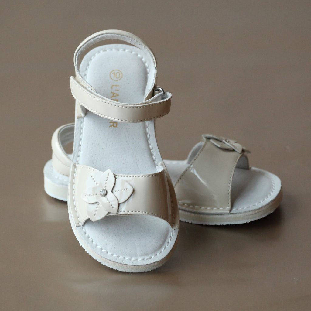 L'Amour Girls Patent Cream Iris Flower Open Toe Sandal