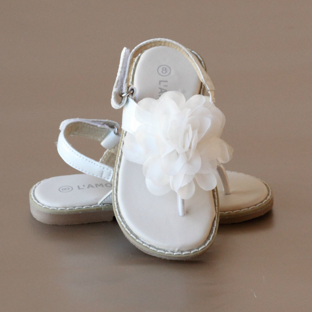 L'Amour Girls White Organza Rosette Thong Sandal