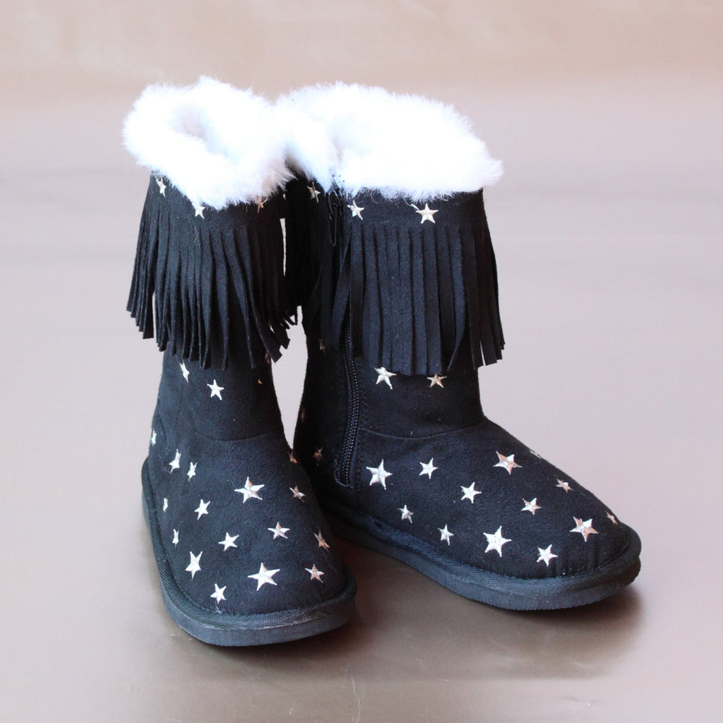 L'Amour Girls Star Embroidered Black Fringe Boot
