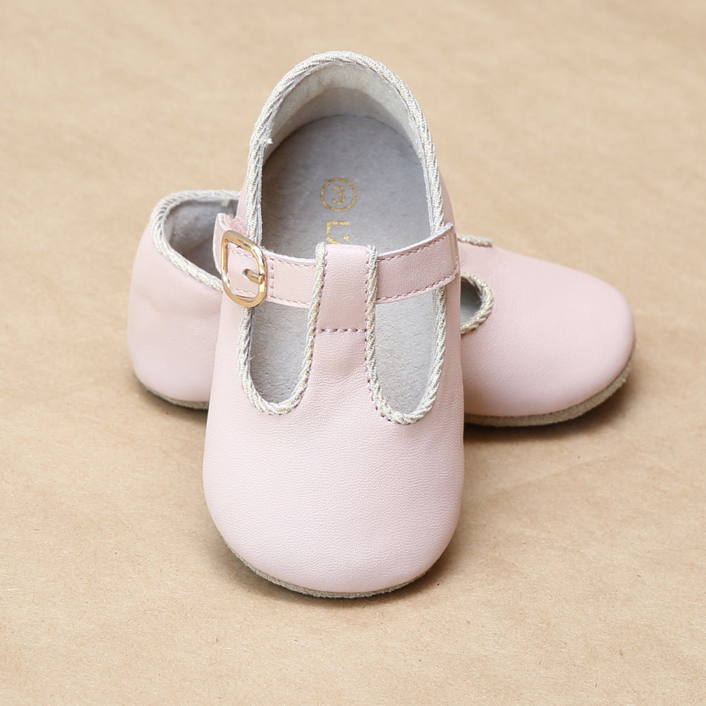 L'Amour Infant Girls Evie T-Strap Pink Napa Leather Crib Mary Jane - PetitFoot.com