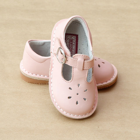 L'Amour Girls Pink T-Strap Leather Cut Out Mary Janes
