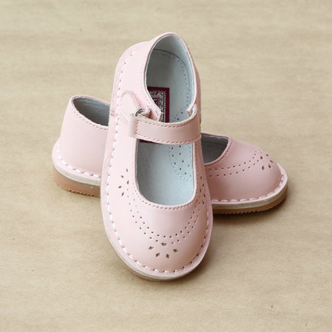 L'Amour Girls Pink Classic Perforated Leather Mary Jane