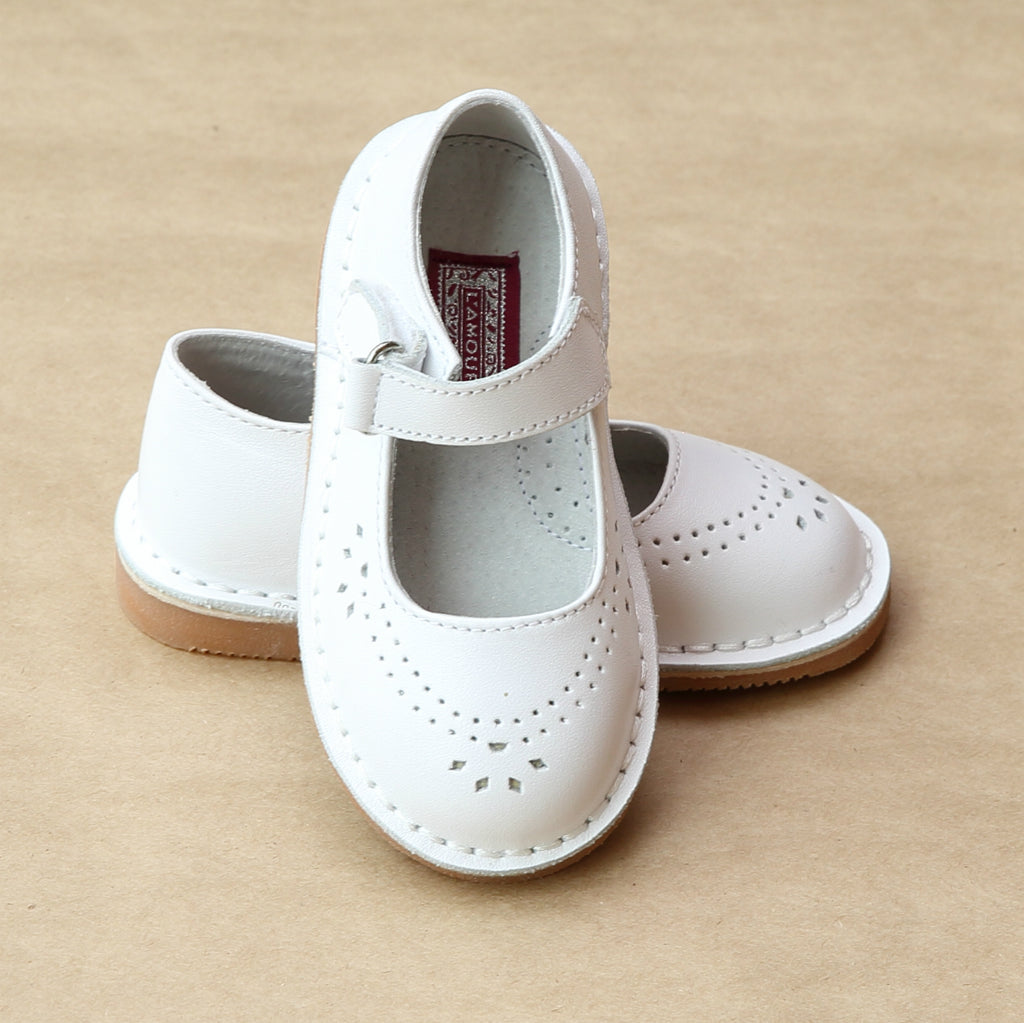 L'Amour Girls White Classic Perforated Leather Mary Jane - Petitfoot.com
