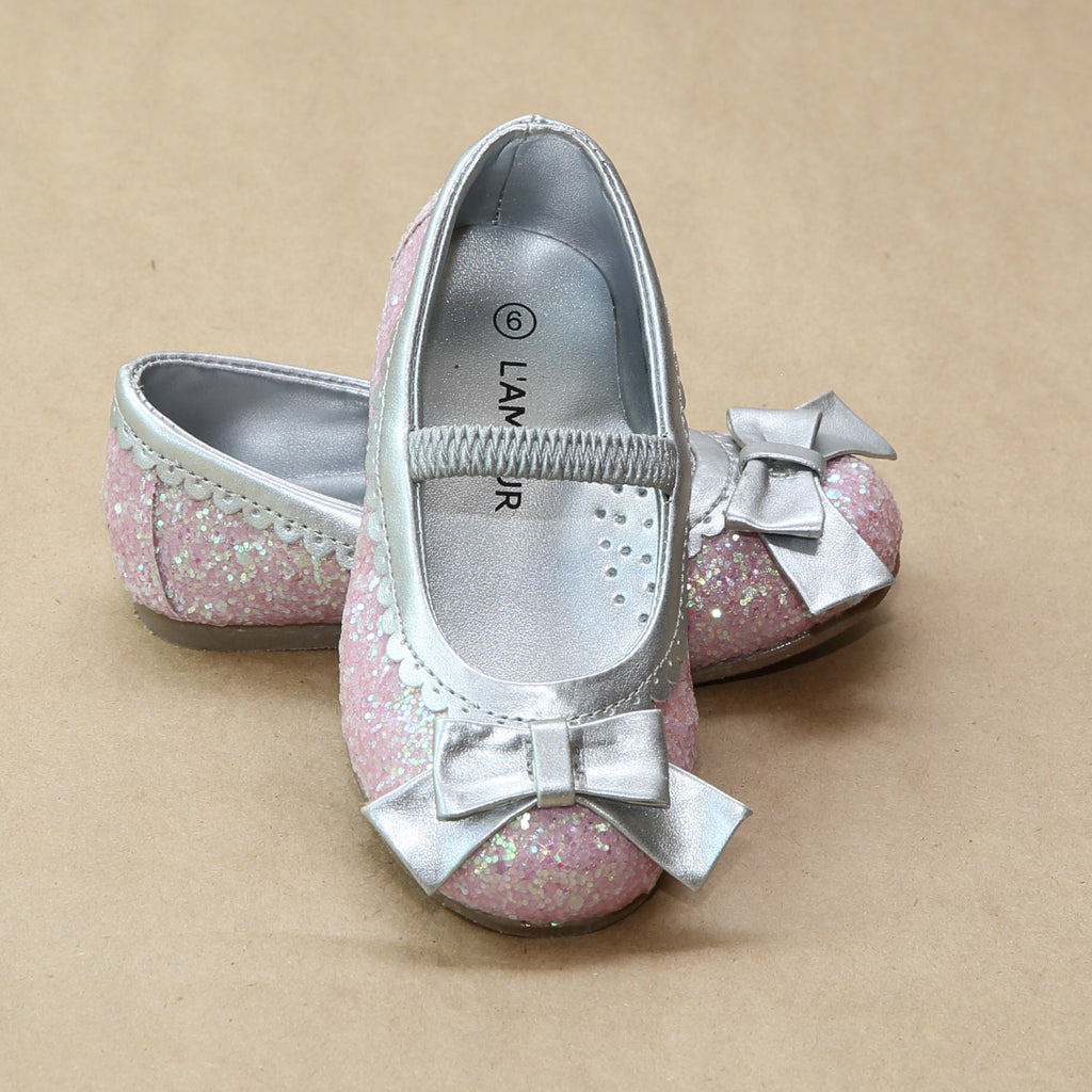 L'Amour Girls Cinderella Glitter Bow Scalloped Trim Flats Pink / 6