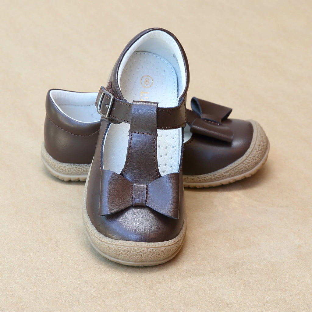 L'Amour Girls Brown Leather T-Strap Bow Mary Jane - Petitfoot.com
