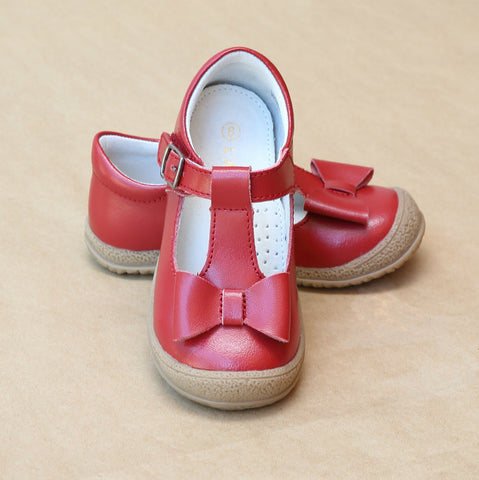 L'Amour Girls Red Leather T-Strap Bow Mary Jane