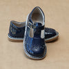 Girls Embroidered Patent Navy T-Strap Stitch Down Mary Jane by L'Amour - Petitfoot.com