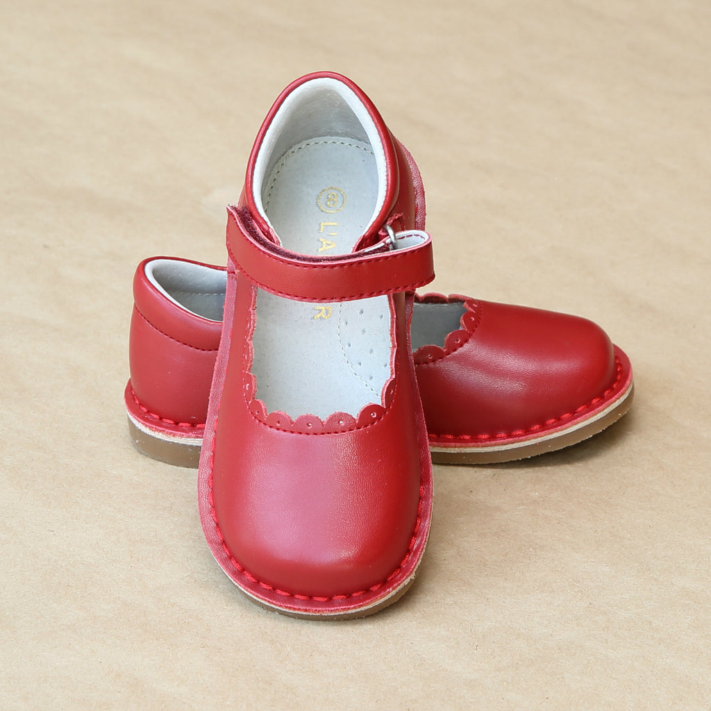 Girls Red T-Strap Scalloped Stitch Down Mary Jane by L'Amour Shoes - Petitfoot.com