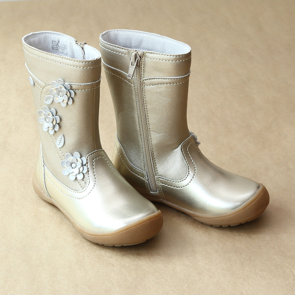 L'Amour Girls Gold Posy Flower Leather Mid Boot - Petitfoot.com
