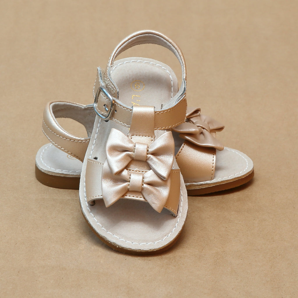 L'Amour Girls Serena Champagne Double Bow Open Toe Leather Sandal - Petitfoot.com
