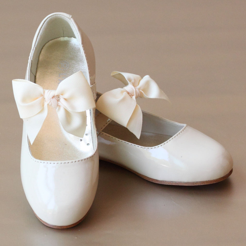 L'Amour Girls Bow on Strap Patent Cream Flat