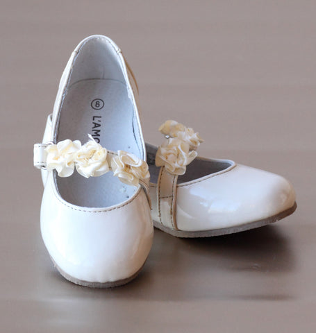 L'Amour Patent Cream Flower Girl Flats with Flower Appliques