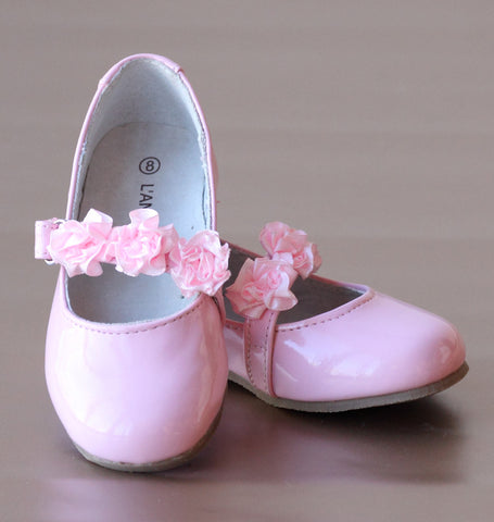 L'Amour Patent Pink Flower Girl Flats with Flower Appliques